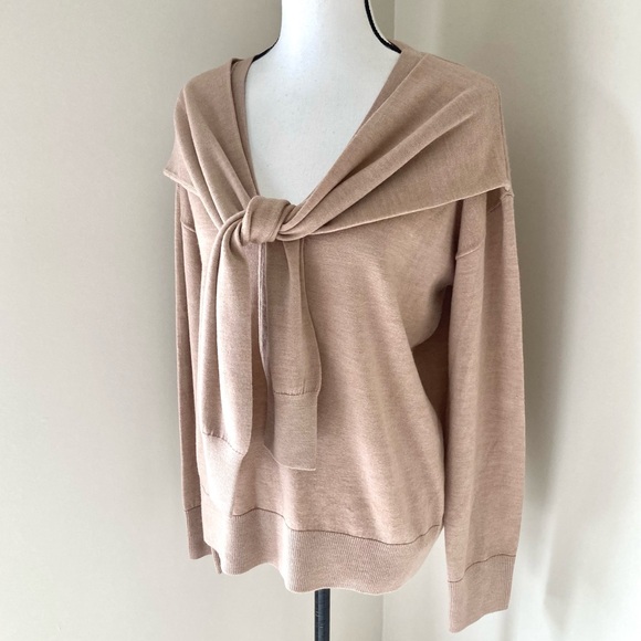 Veronica Beard LENI STRIPE TIE NECK MERINO WOOL SWEATER IN CAMEL Size L - Picture 5 of 9